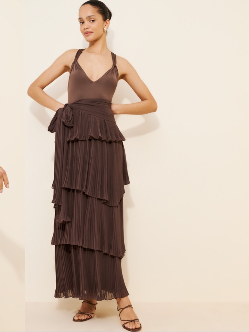 Free People FP Sola Maxi Dress Tiered Pleated Dress Brown Women Size XS